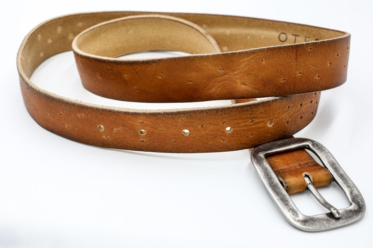Stitched Cognac Leather Belt with Yellow Thread & Vintage Brass