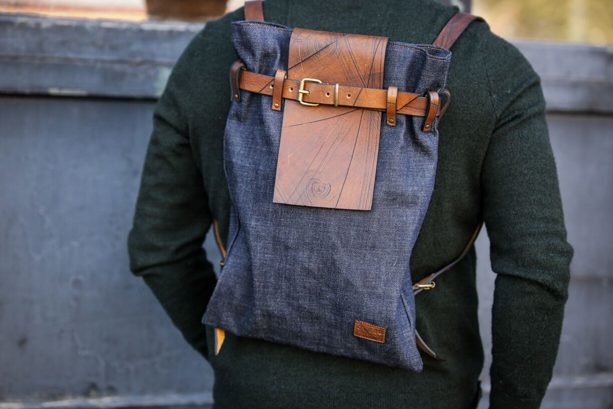 brown full grain urban denim leather backpack