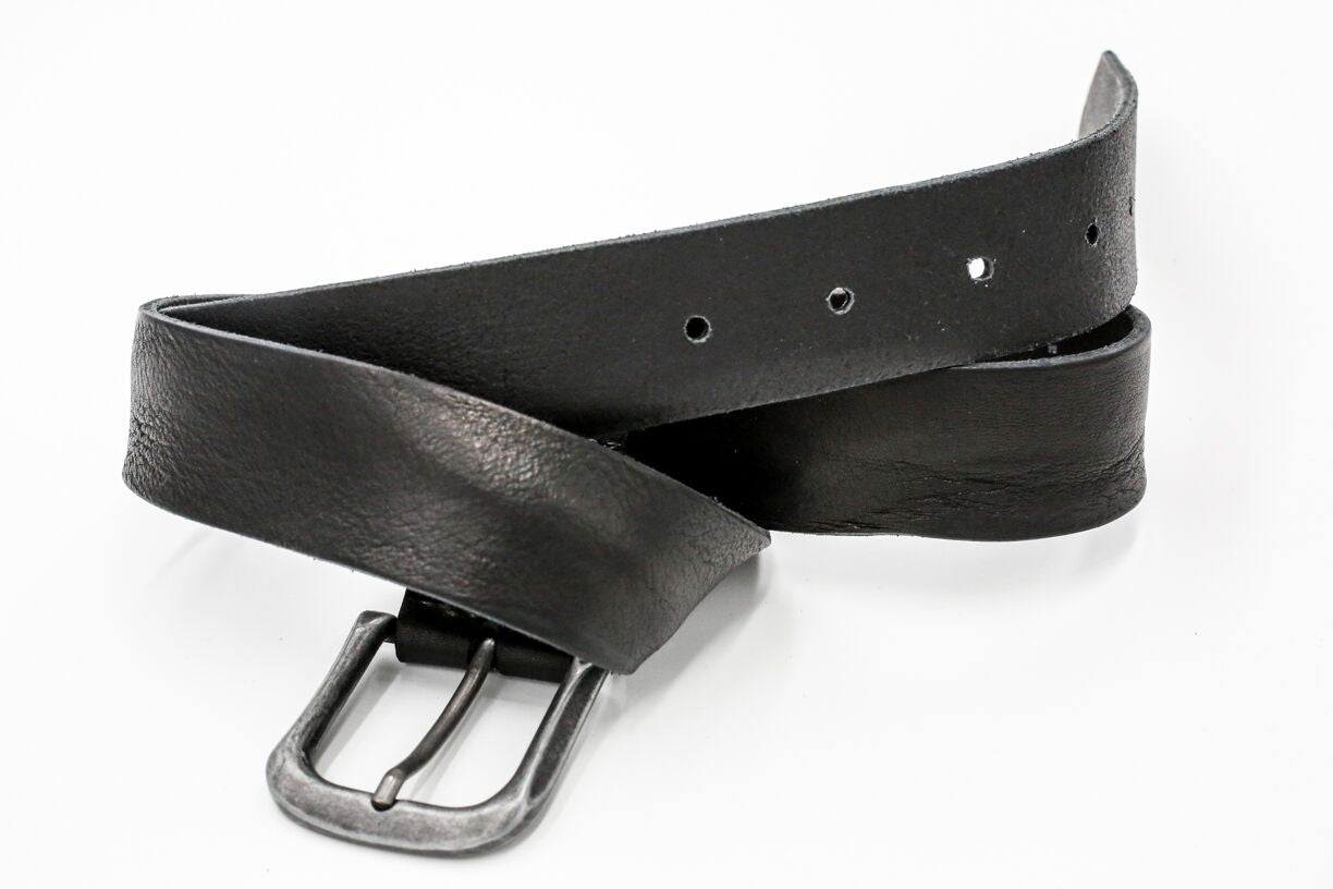 distressed leather belt with silver buckle
