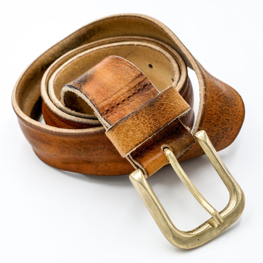 distressed brass buckle leather belt